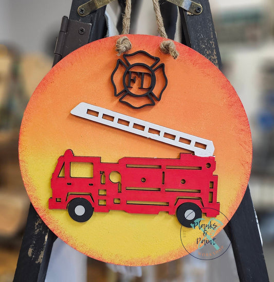 Kids Fire Truck 10" Round Door Hanger