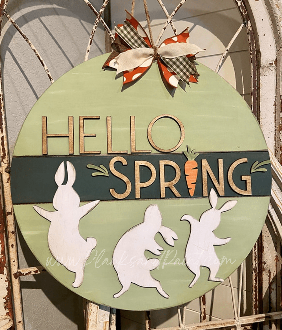 Hello Spring Dancing Bunnies 3D Door Hanger PAINTED NOT LIKE PICTURE
