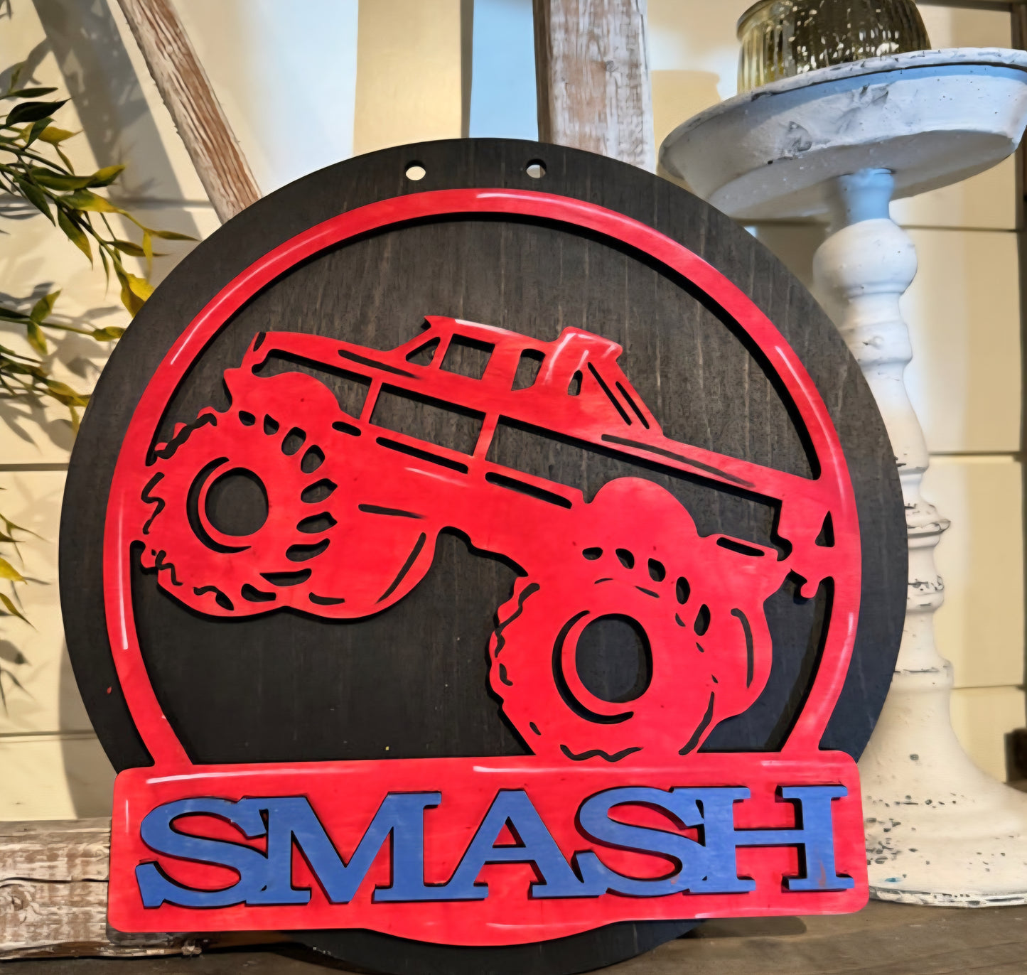 Monster Truck Smash Kids 10" Round Door Hanger
